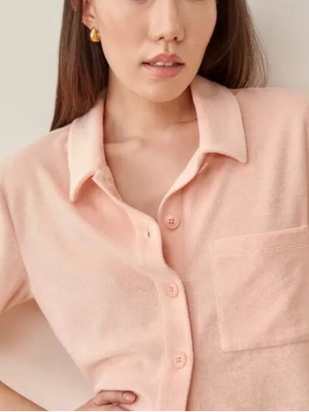 Reformation Jeans Towel Terry Short Sleeve Light Pink Button Up Polo